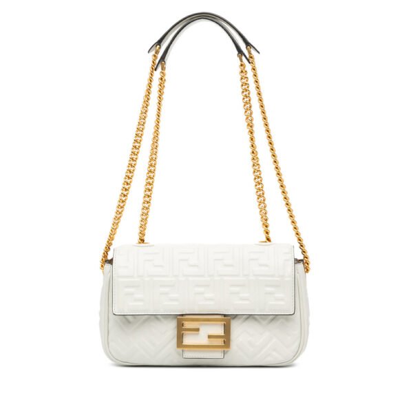 Authenticated Fendi Zucca Embossed Chain Midi Baguette White