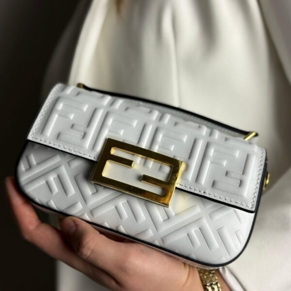 Authenticated Fendi Zucca Embossed Chain Midi Baguette White