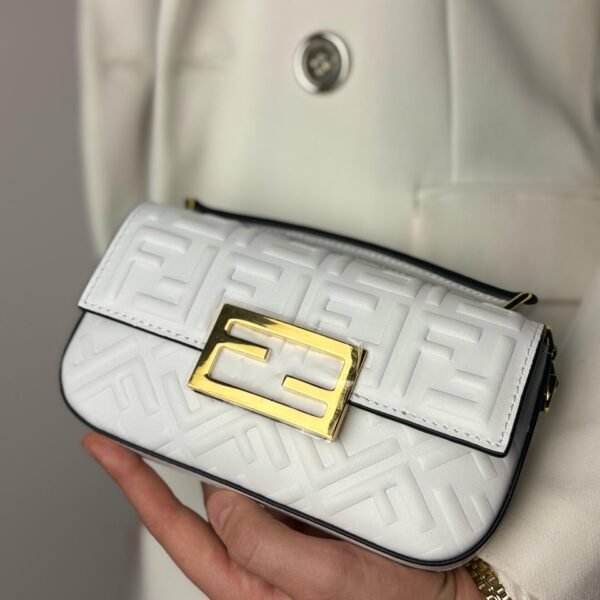 Authenticated Fendi Zucca Embossed Chain Midi Baguette White