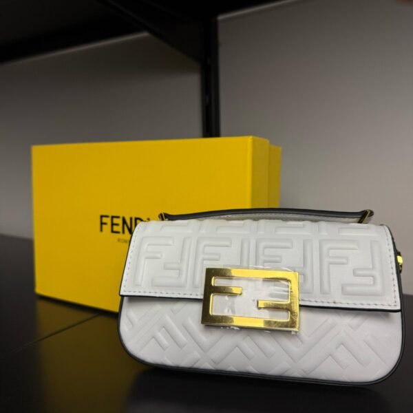 Authenticated Fendi Zucca Embossed Chain Midi Baguette White