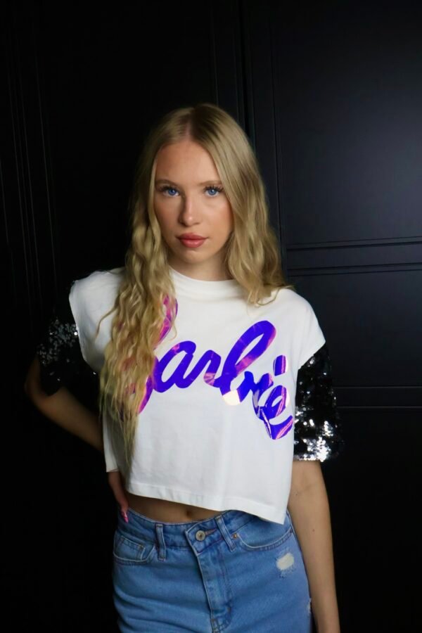 Barbie majica / White / glittery sleeves / Purple logo - Slika 2
