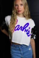 Barbie majica / White / glittery sleeves / Purple logo