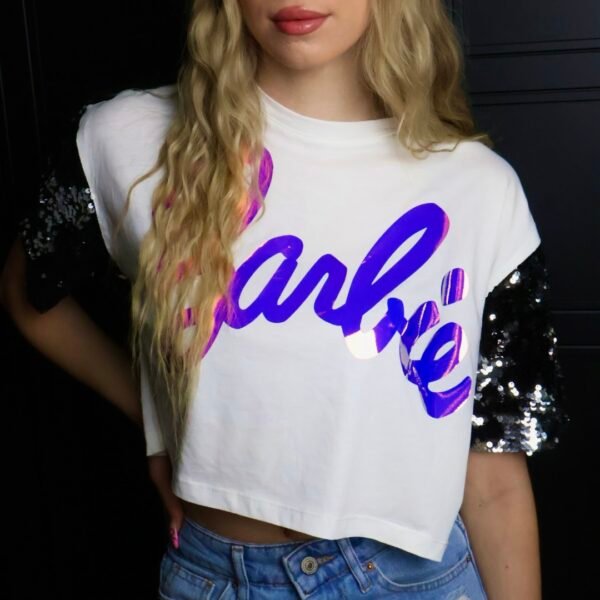 Barbie majica / White / glittery sleeves / Purple logo