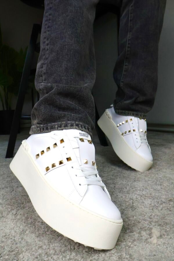 Valentino Garavani Rockstud White/Gold Leather Flatform - Slika 4